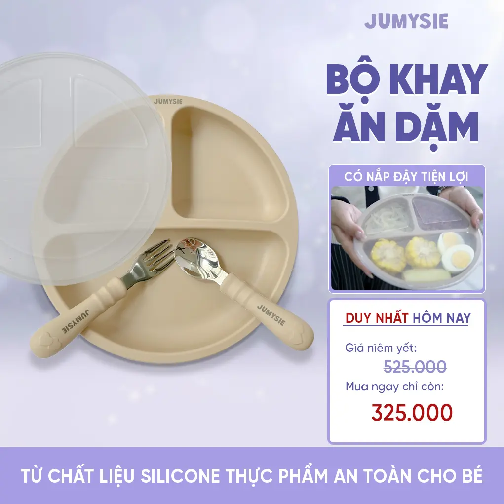 Set Ăn Dặm Jumysie Silicone Cao Cấp – Khay Ăn Dặm Chia 3 Ngăn Có Nắp, Thìa Dĩa Vừa Vặn, Dễ Vệ Sinh