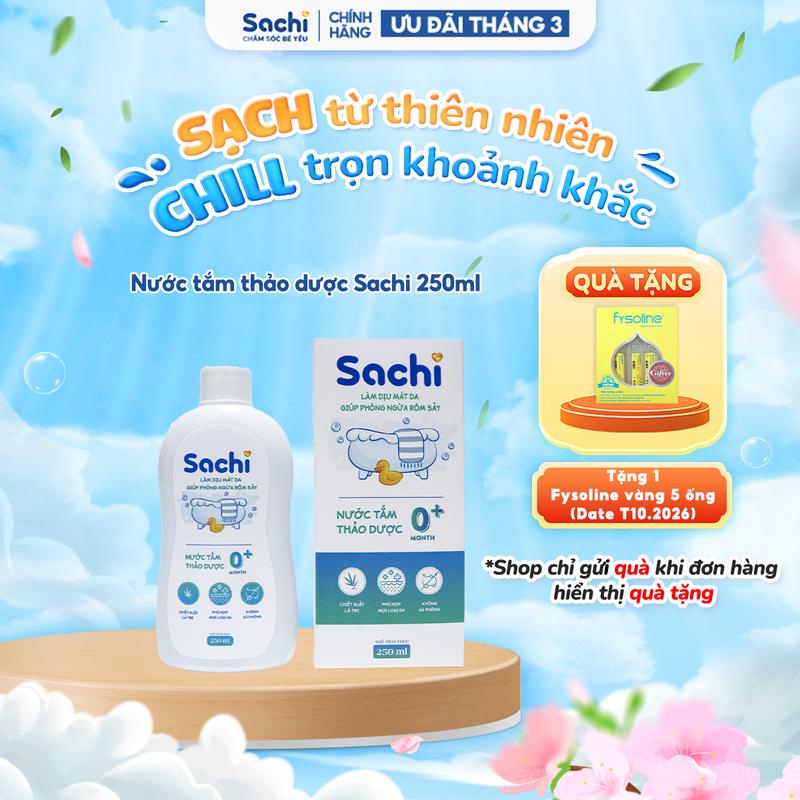 Nước tắm thảo dược an toàn cho bé Sachi chai 250ml làm sạch nhẹ nhàng dịu mát da, hạn chế mảng bám da đầu