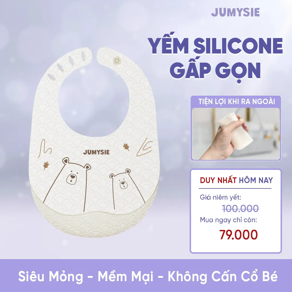 Yếm Silicone Ăn Dặm Jumysie Gấp Gọn – Siêu Mỏng Nhẹ, Chống Nước, Có Máng Hứng Cho Bé